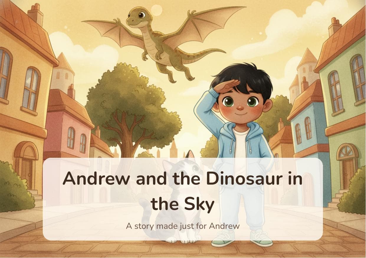 Andrew and the Dinosaur in the Sky — a boy and a flying dinosaur over a town